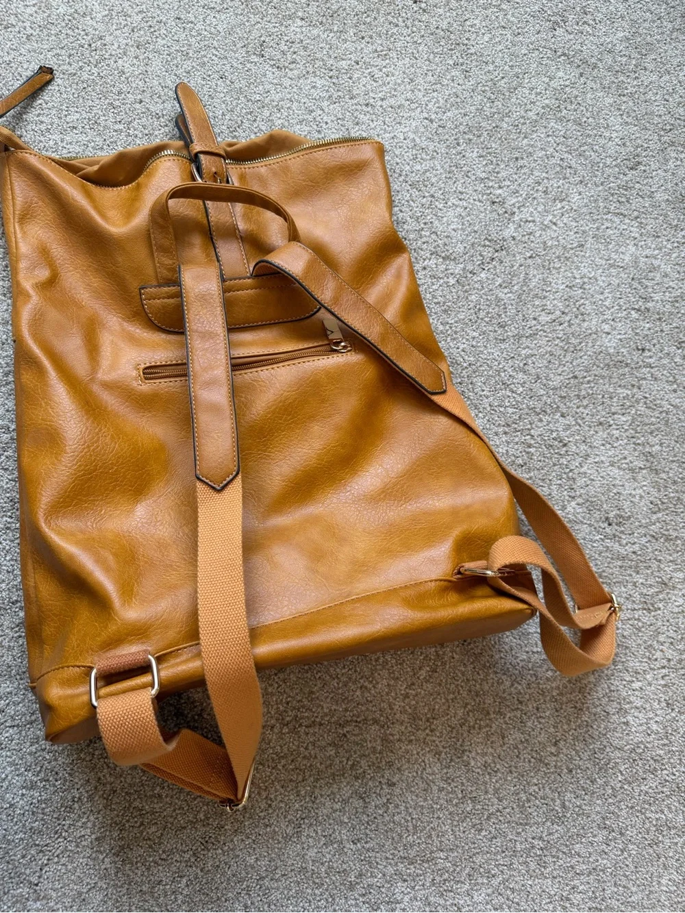 Camel Faux Leather Fold-Over Backpack/ Convertible Laptop Travel Bag.